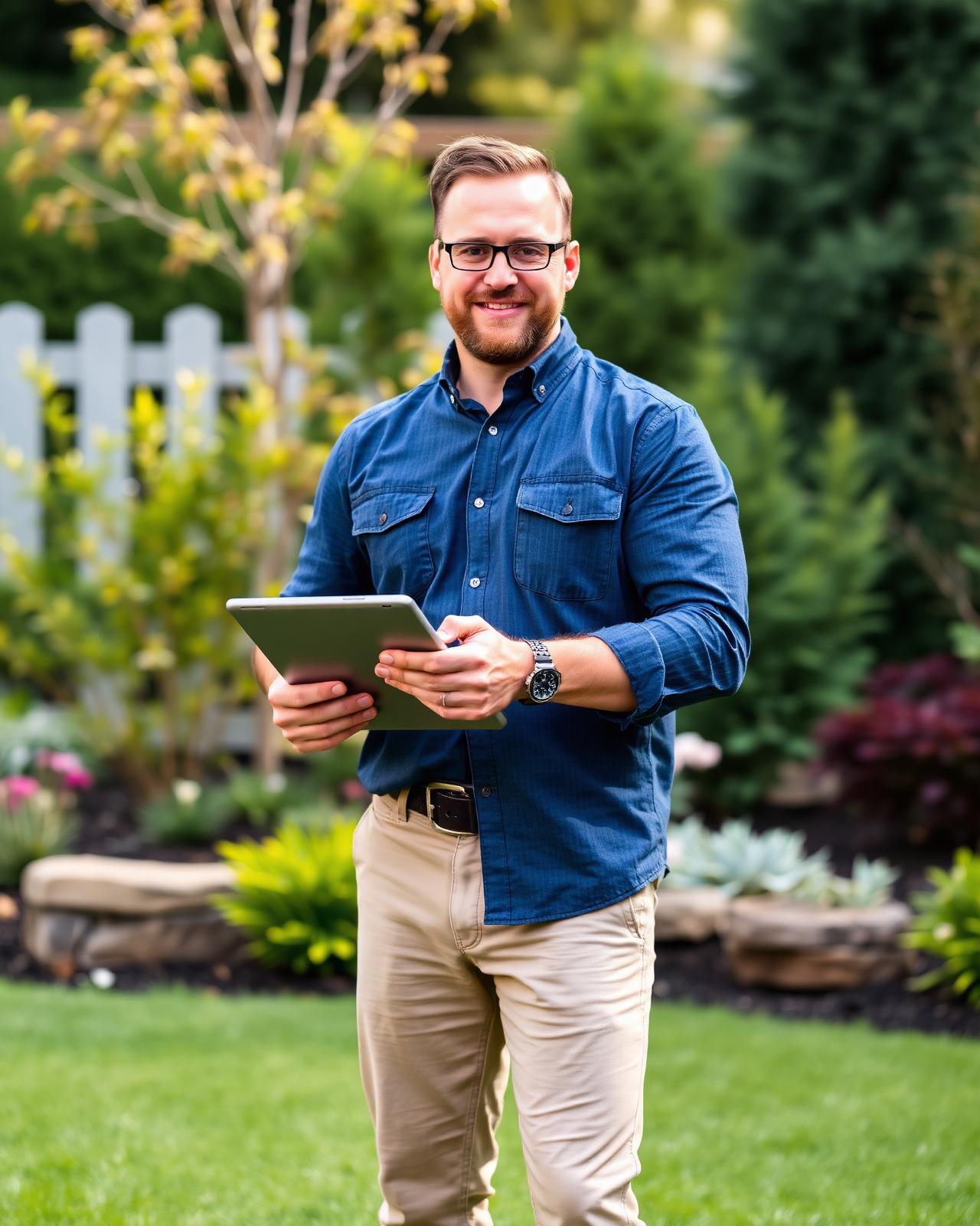Evergreen landscape designer reviewing plans