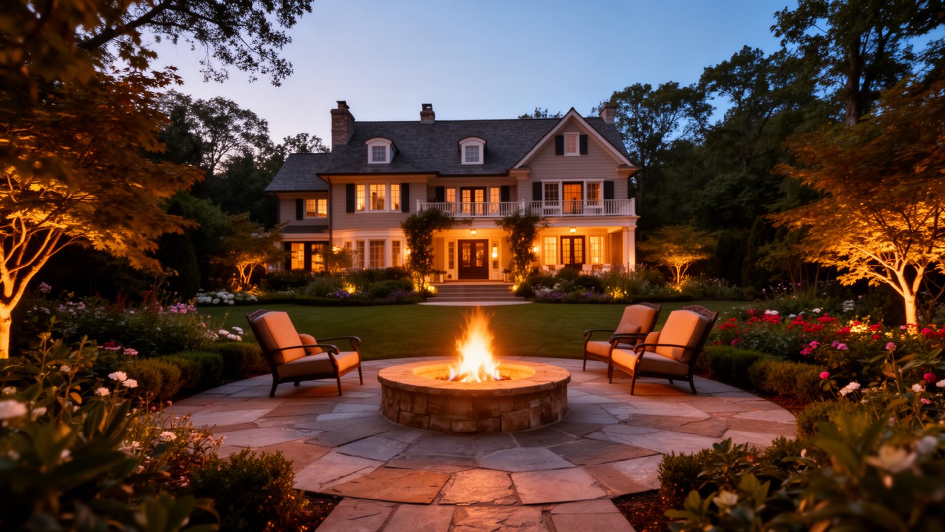 Luxury landscaped backyard at twilight